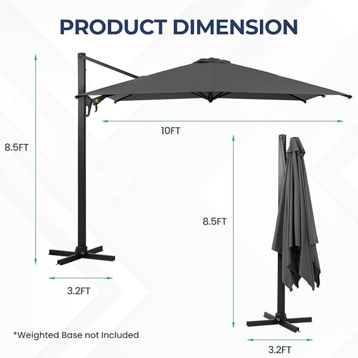 10 Ft Gray Square Patio Umbrella - 360° Rotation & Tilt Adjustment