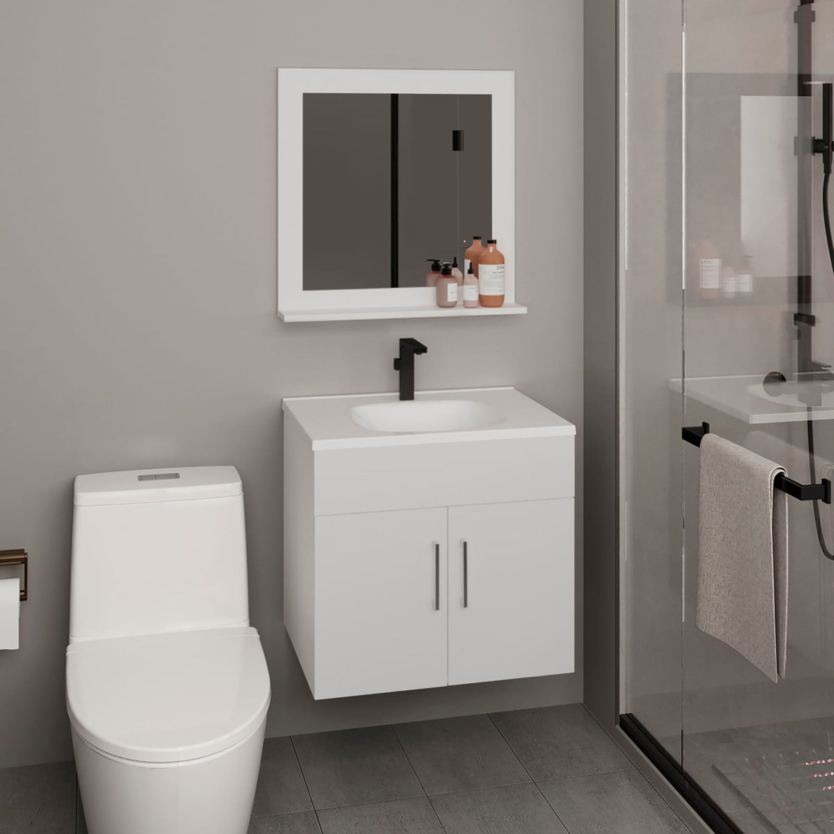 White Bathroom Vanity with Mirror - Wall Mounted Storage