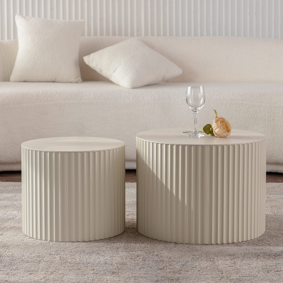 Beige White Round Nesting Coffee Table Set of 2