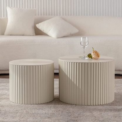 Beige White Round Nesting Coffee Table Set of 2