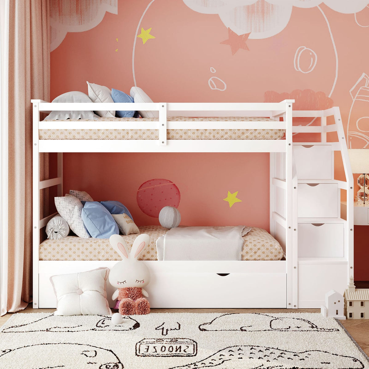 Twin-Over-Twin Bunk Bed with Trundle - White Solid Wood
