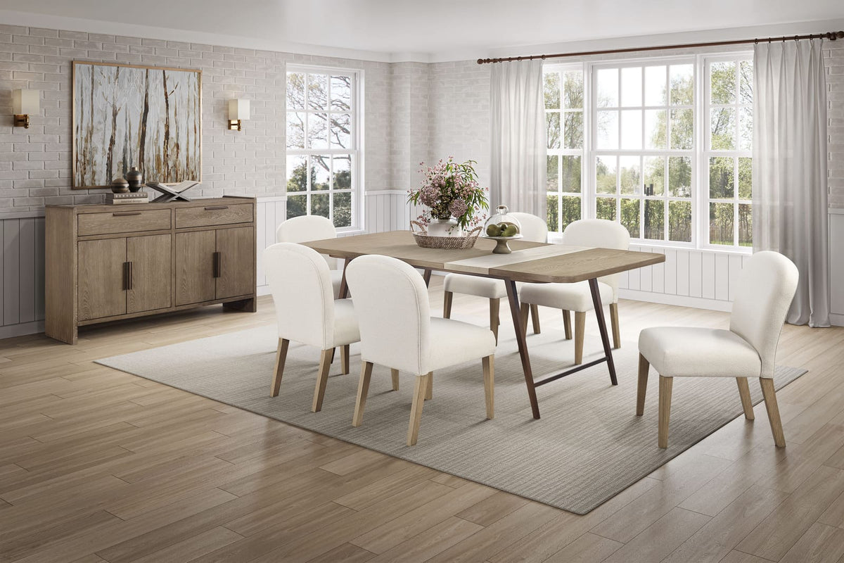 84" Beige Solid Wood Dining Table with Stone Slab Top