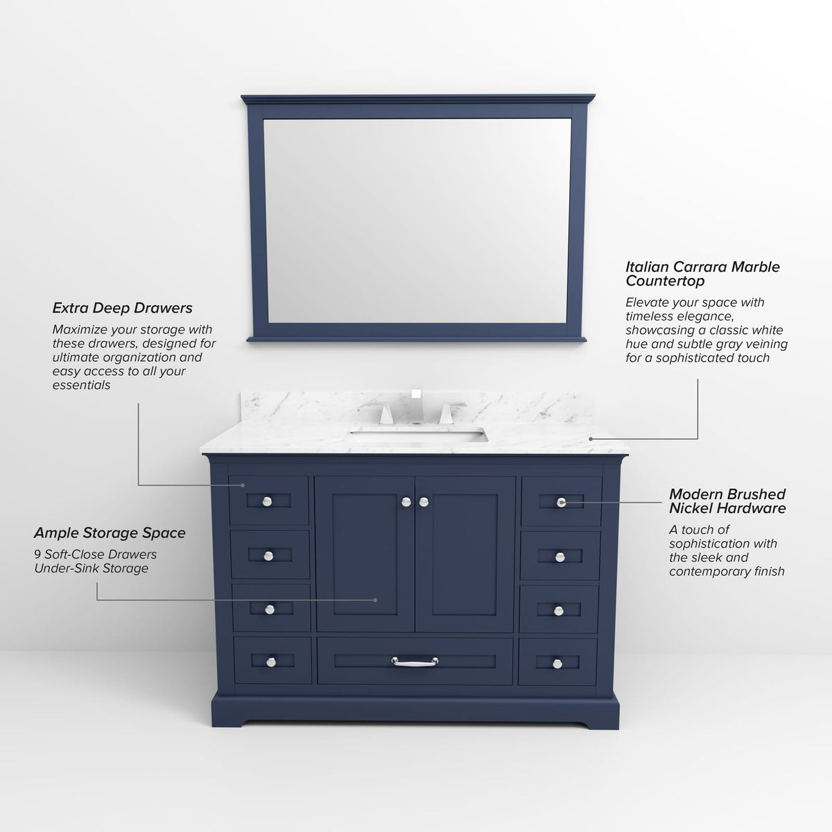 Navy Blue 48 Inch Bathroom Vanity with Mirror Wood Finish