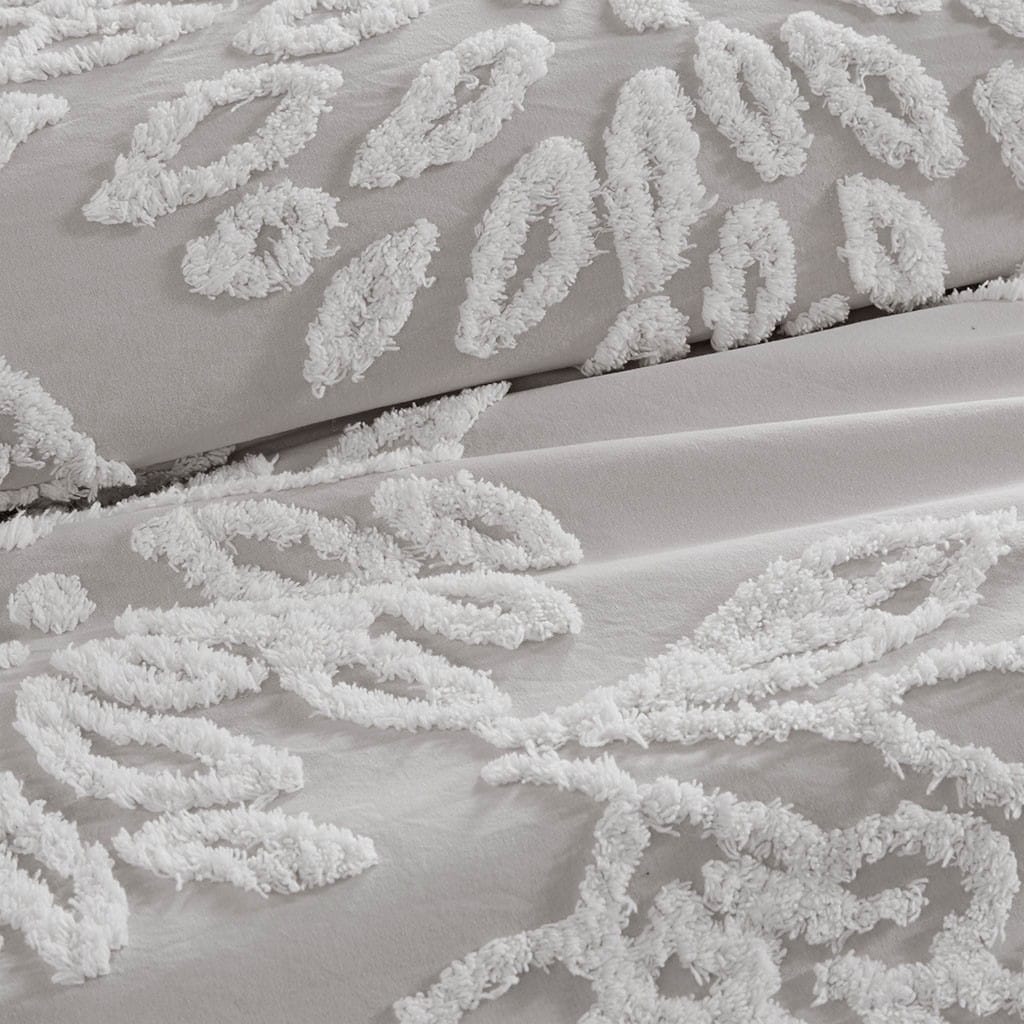 Queen Grey Cotton Chenille Duvet Cover Set - Floral Tufted