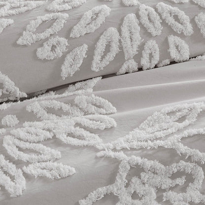 Queen Grey Cotton Chenille Duvet Cover Set - Floral Tufted