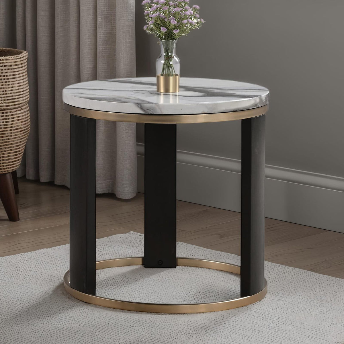 Contemporary Round End Table - Black, Gold, White Marble Top