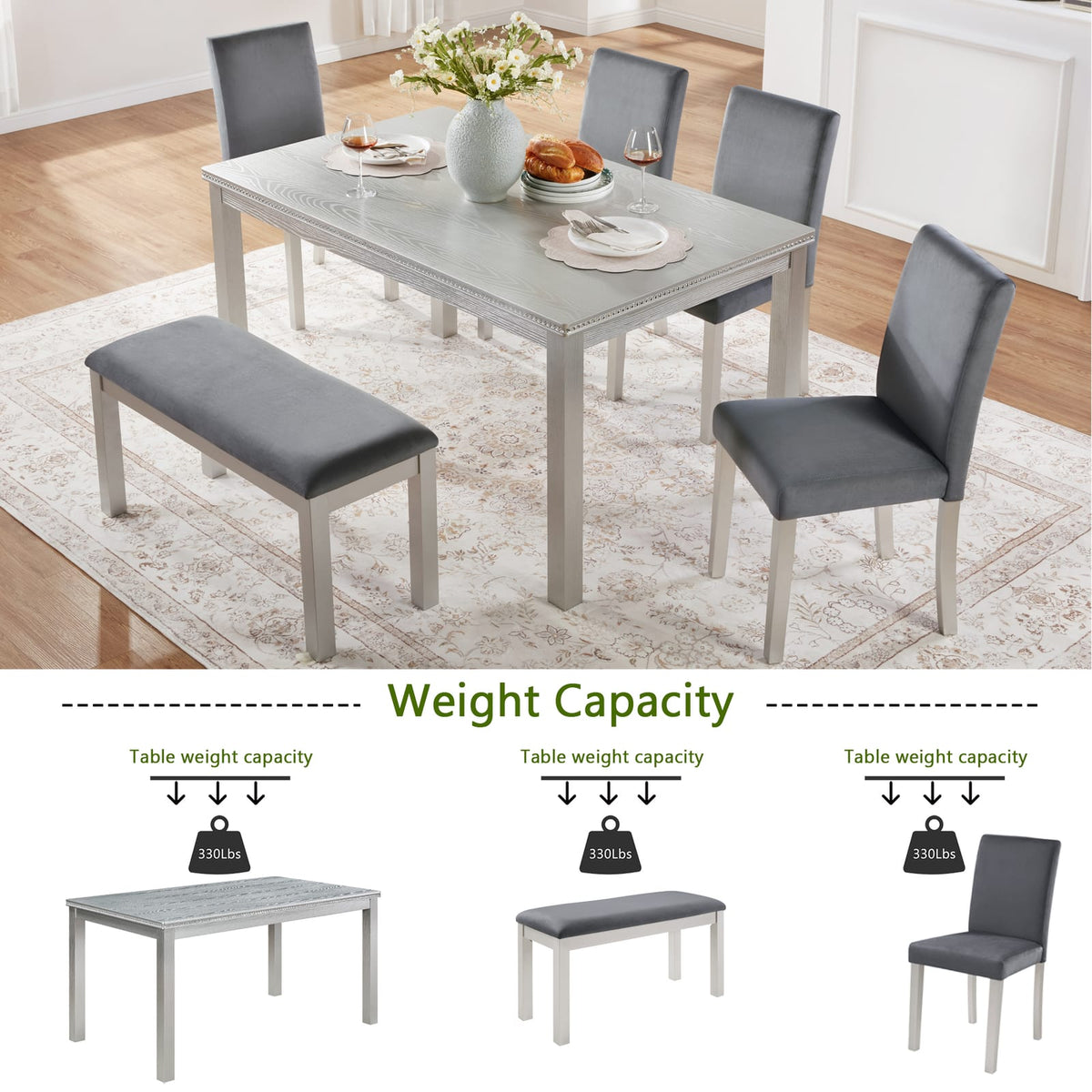 6-Piece Wooden Dining Table Set - Silver Grey, Seats 6