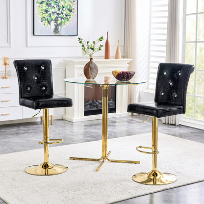 Round Glass Bar Table with 2 Black Stools - Gold Base for Dining Room