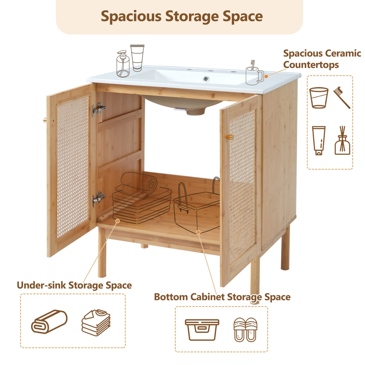 Wood & Rattan Bathroom Vanity - 30 Inch Storage