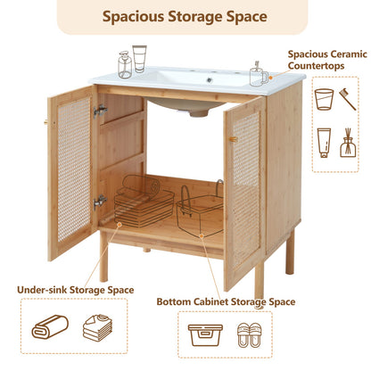 Wood & Rattan Bathroom Vanity - 30 Inch Storage
