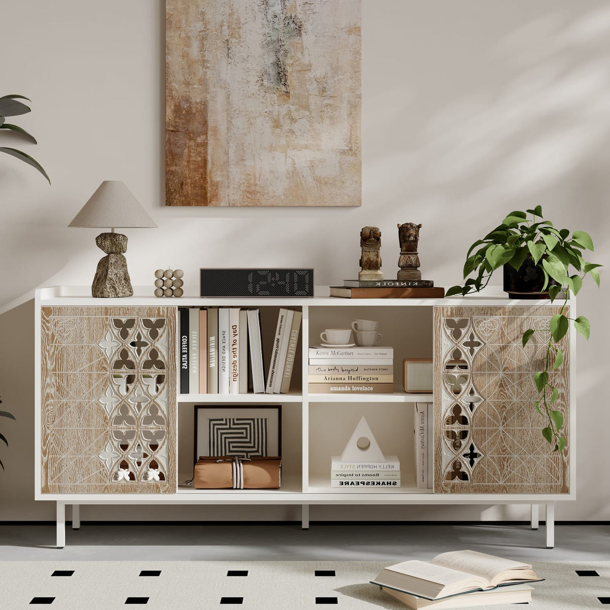 Mid Century Sideboard Storage Rustic Sliding Door Buffet Cabinet