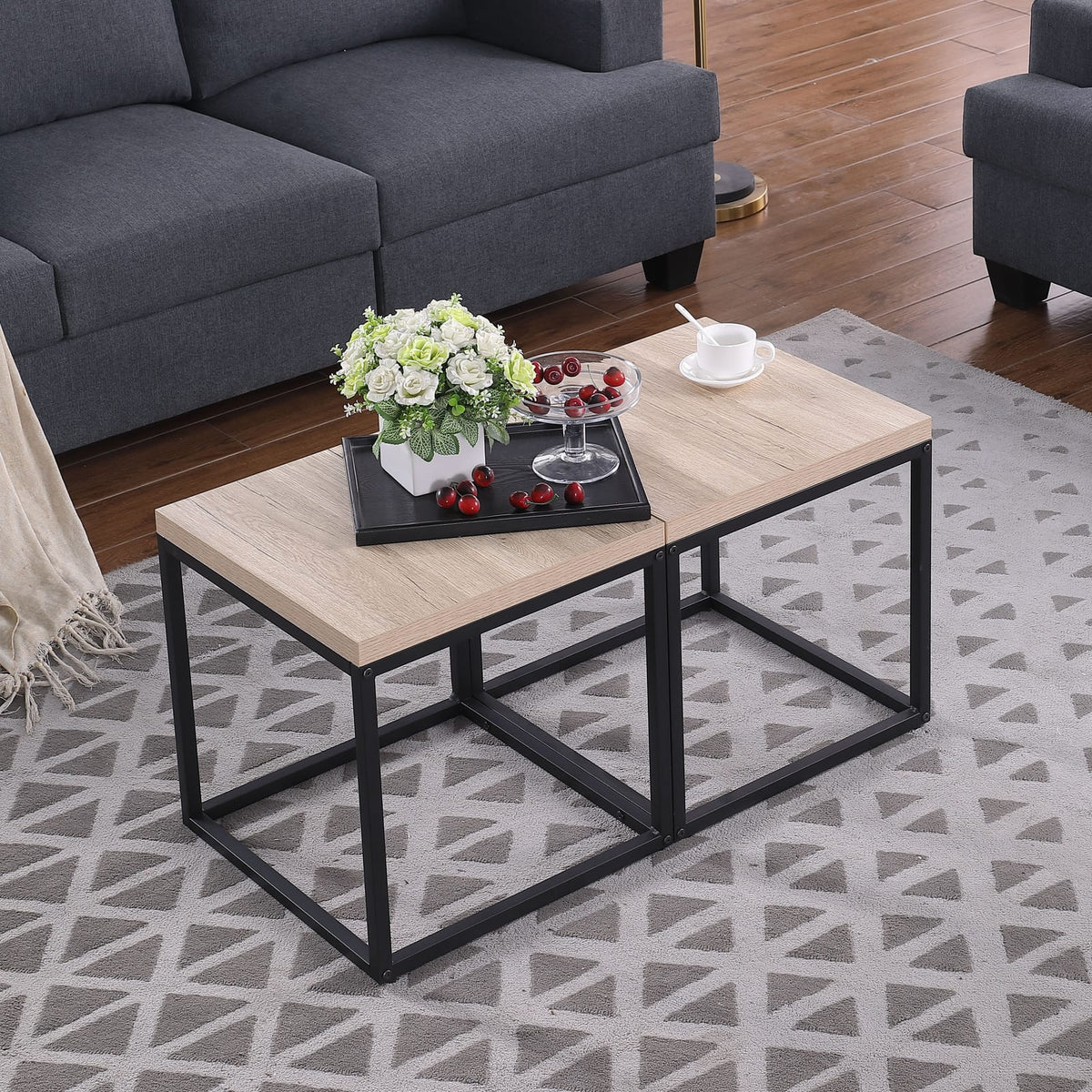 Set of 2 Oak End Tables - Storage Side Table for Living Room Bedroom