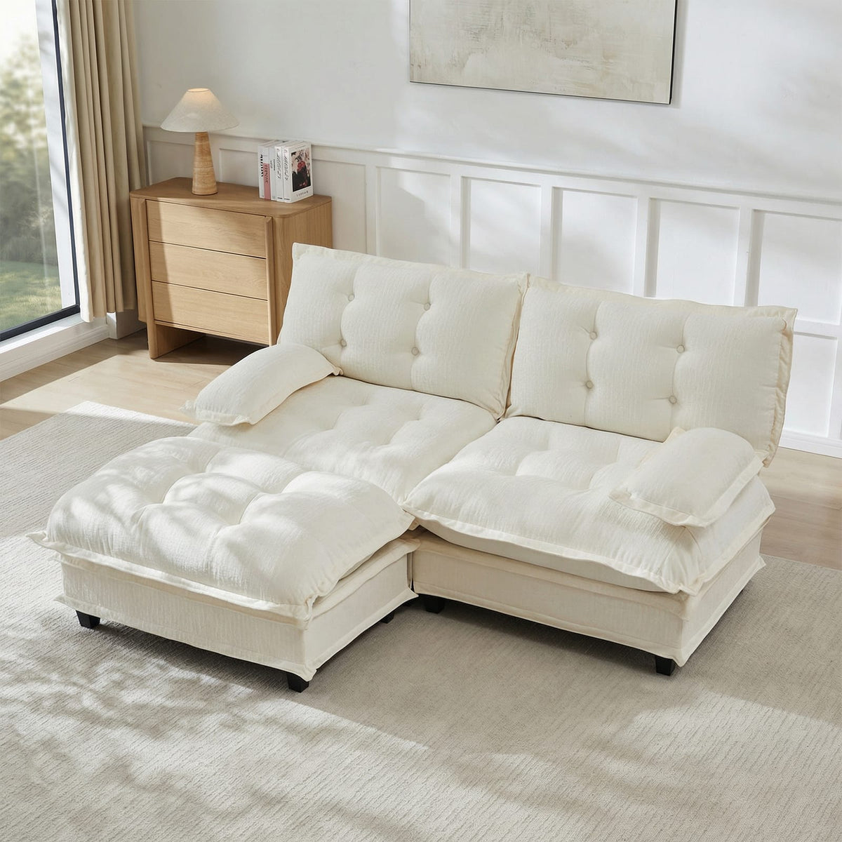2-Seat Beige Chenille L-Shaped Sofa - Modular Sectional Couch for Living Room