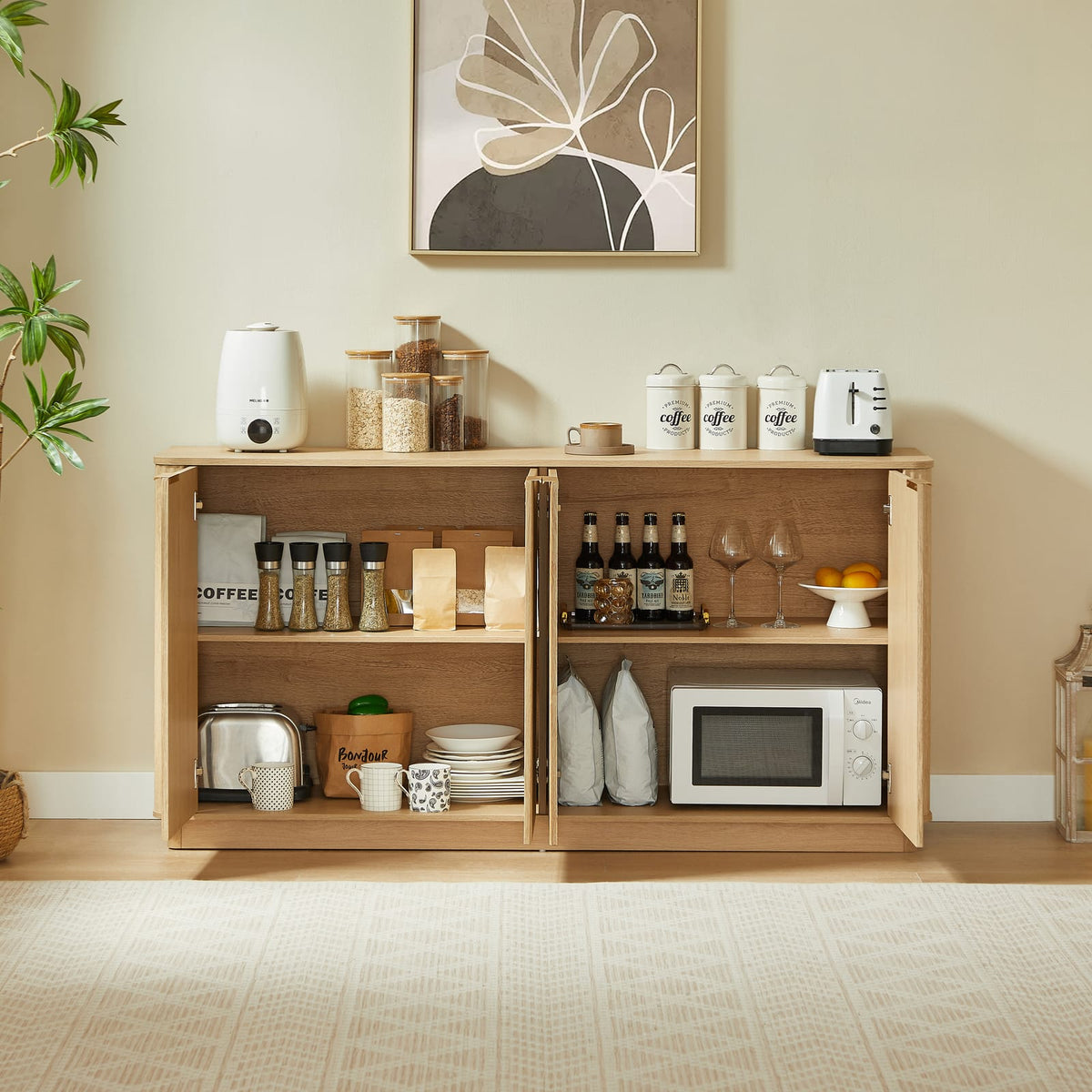 Oak MDF Sideboard for Dining Room Storage, 63"W x 15.75"D
