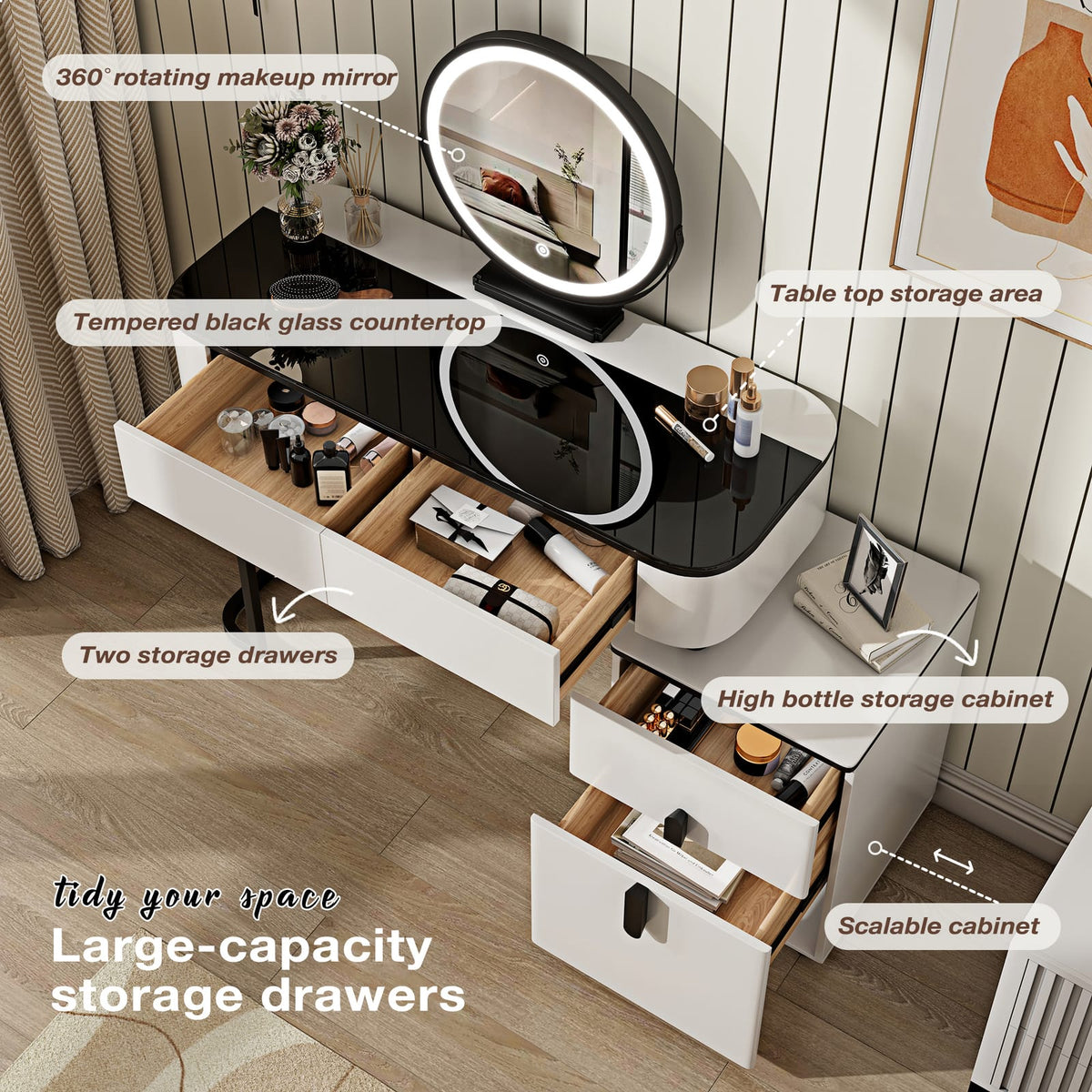 Modern White MDF Vanity with Tempered Glass Mirror and Storage for Bedroom