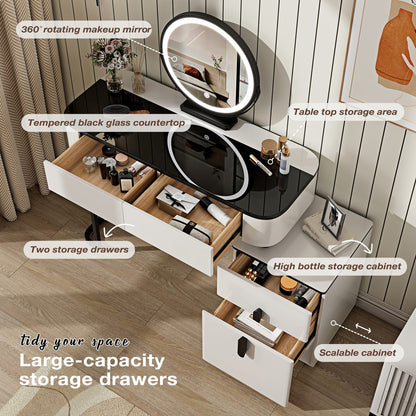 Modern White MDF Vanity with Tempered Glass Mirror and Storage for Bedroom