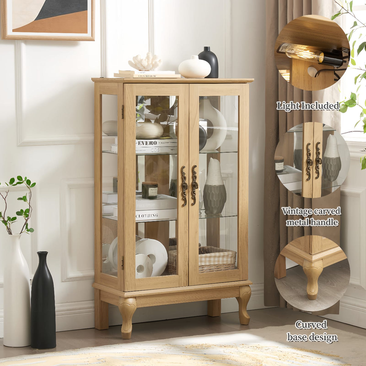 Oak Glass Curio Cabinet - 3 Shelves Display Cabinet