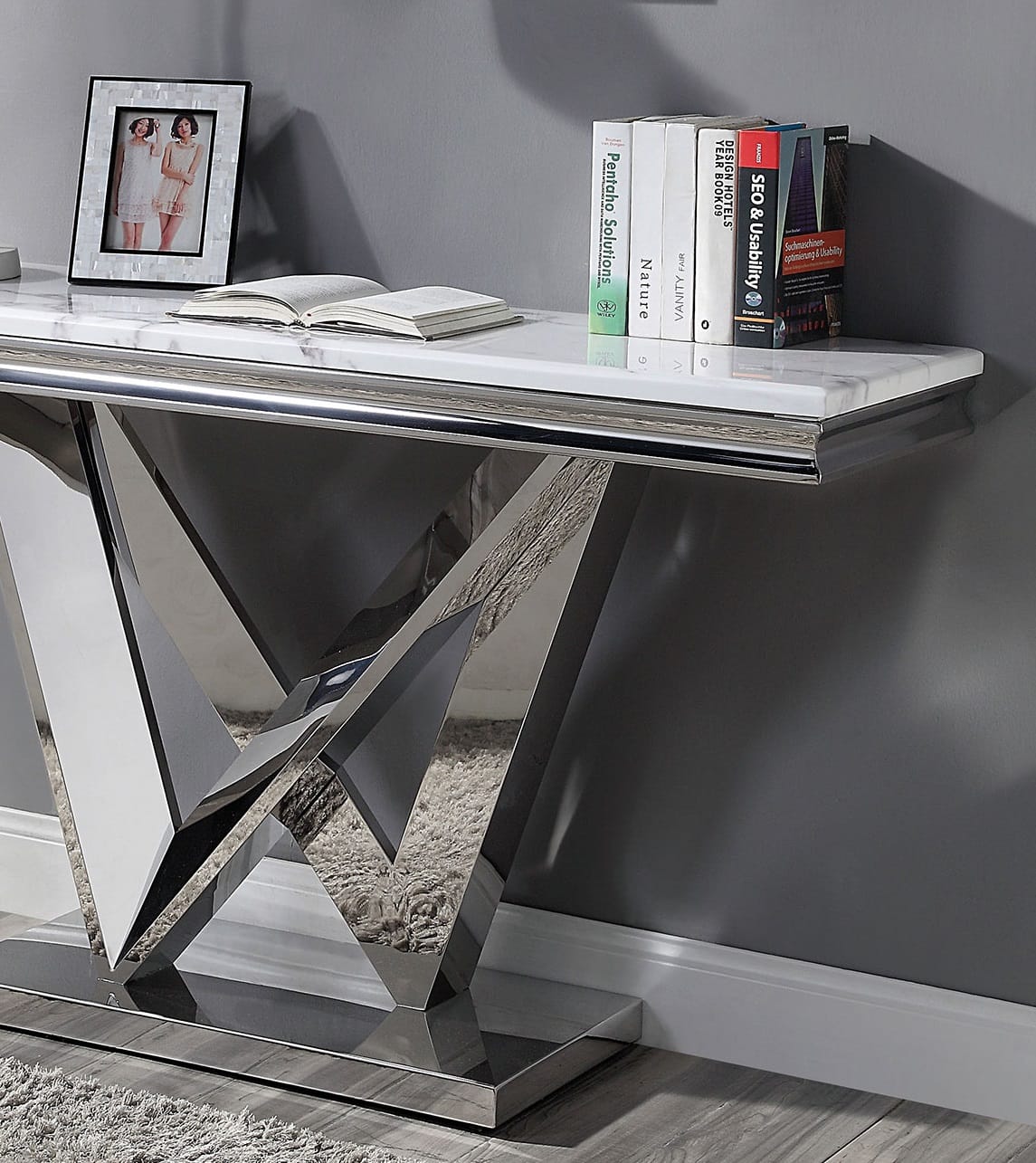 Glam Stainless Steel Table - Chrome Finish, Faux Marble Top