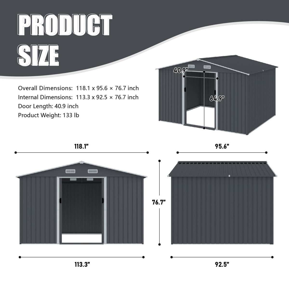 Large Grey Metal Storage Shed for Garden & Outdoor Use