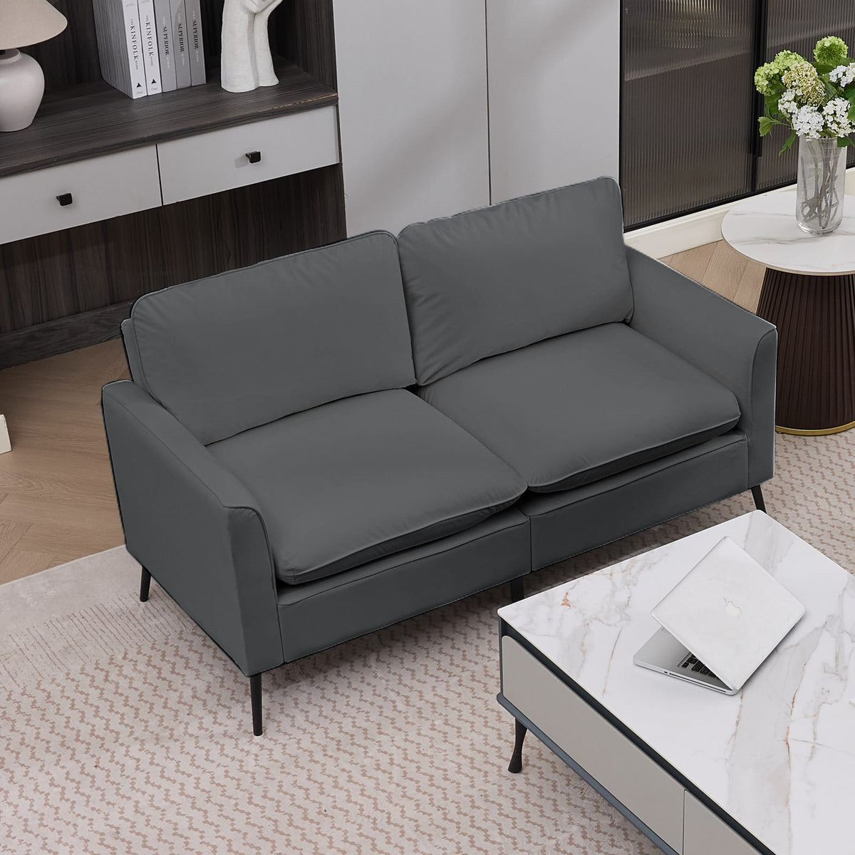 Light Gray Faux Leather Sectional Sofa - 4 Seat Bedroom