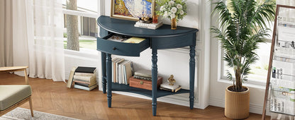Navy Solid Wood Half Moon Console Table - Entryway Storage