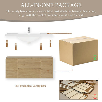 Oak Wall Mounted Bathroom Vanity with Sink - 48" Storage Cabinet