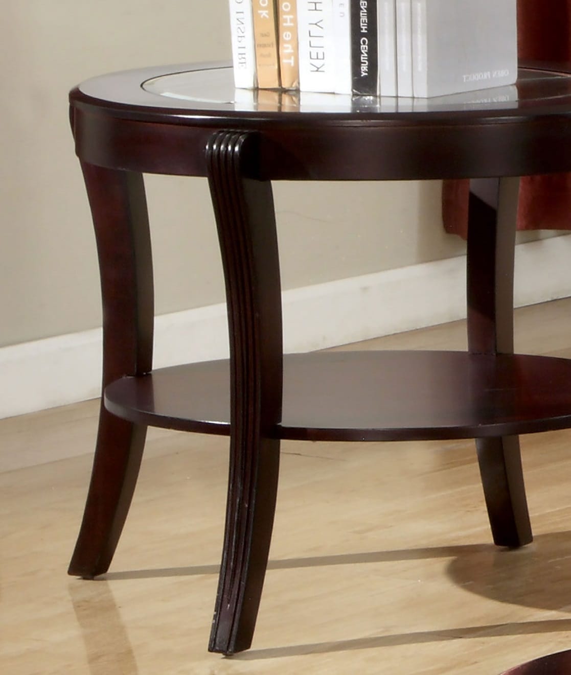 Contemporary Espresso End Table - Glass Top, Solid Wood Shelf
