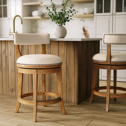 Pecan Wood Fabric Stool for Guest Room Decor, Curved Seat Bench for Bedroom