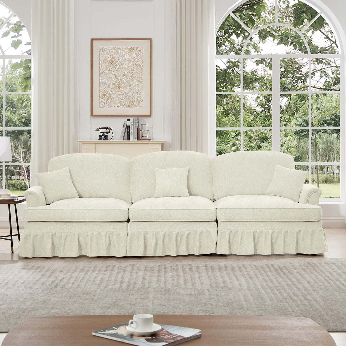 3 Seat Beige White Chenille Sofa with Ruffles for Living Room