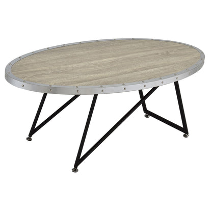 Weathered Grey Oak & Black Oval Coffee Table - Industrial Style