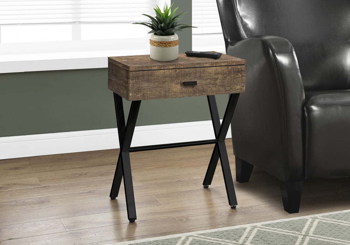 Brown Reclaimed Wood Side Table with Black Metal Base for Living Room
