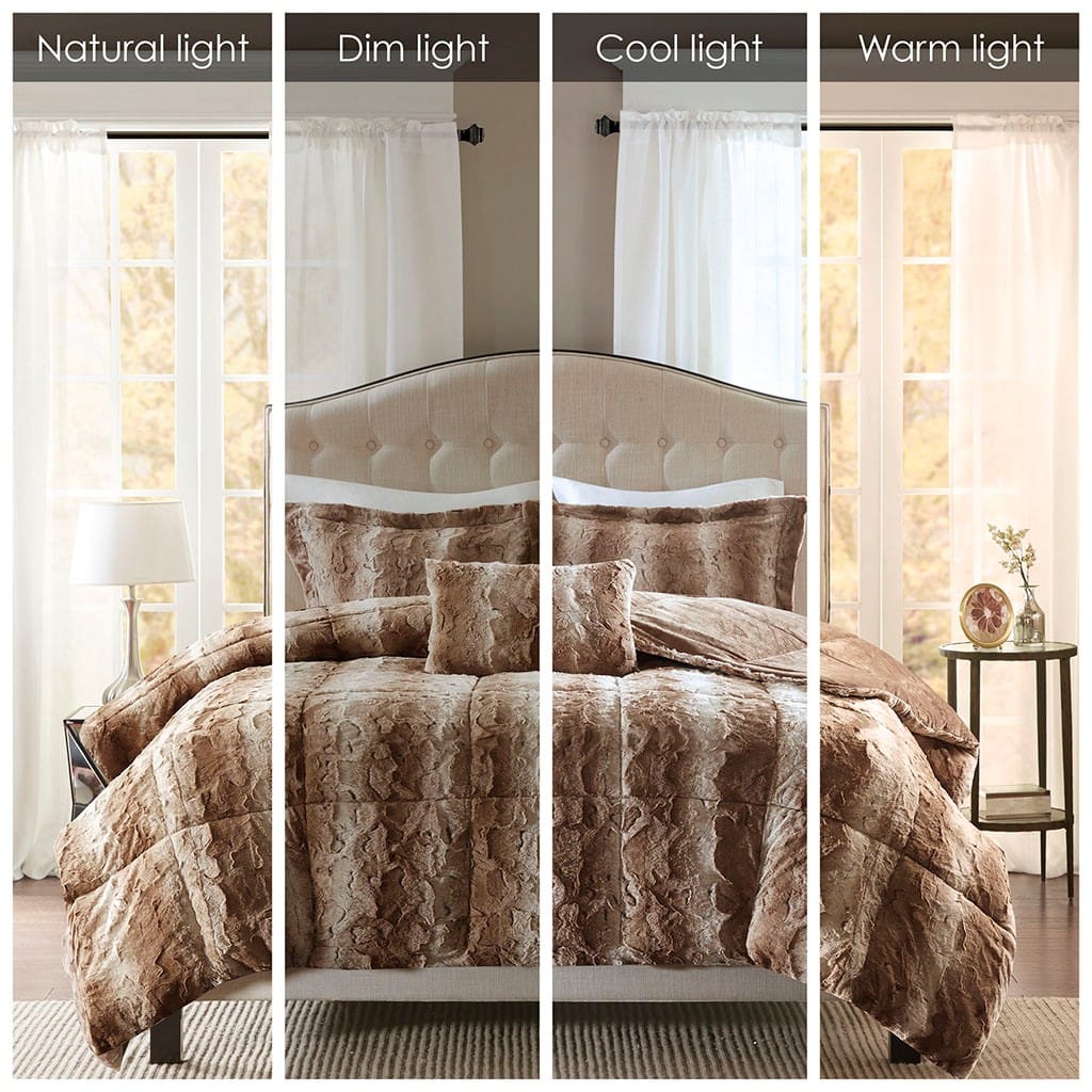 King Size Brown Polyester Faux Fur Comforter Set