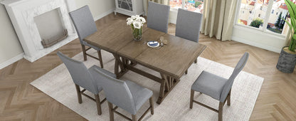 Mid-Century Solid Wood Dining Table Set - 7 Piece with Upholstered Chairs