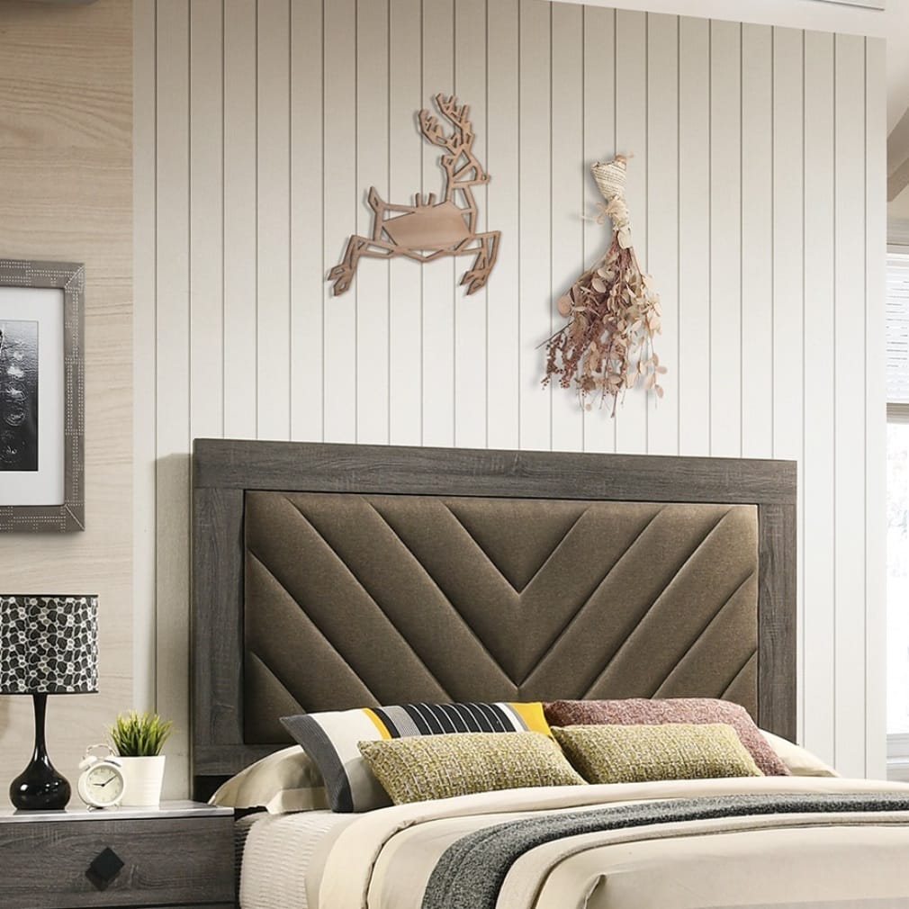Contemporary Queen Size Bed Frame - Gray Upholstered Headboard