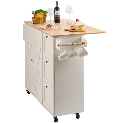 White Kitchen Island Cart - Storage Table with Wheels