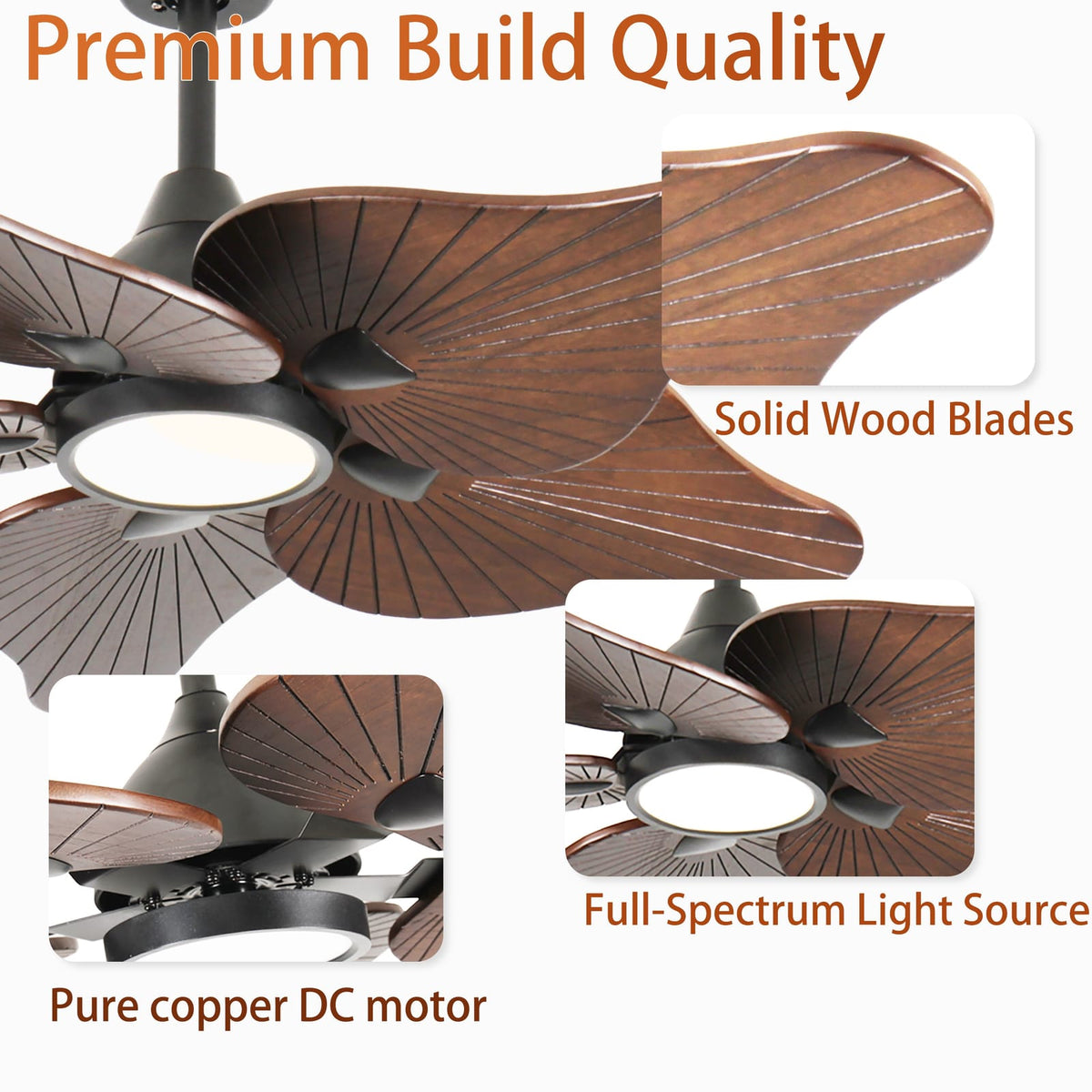 44 Inch Solid Wood Ceiling Fan - Acacia Wood Blades, DC Motor, Remote Control