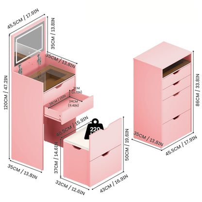 Pink Wood Makeup Vanity with Flip-Up Mirror & Lights