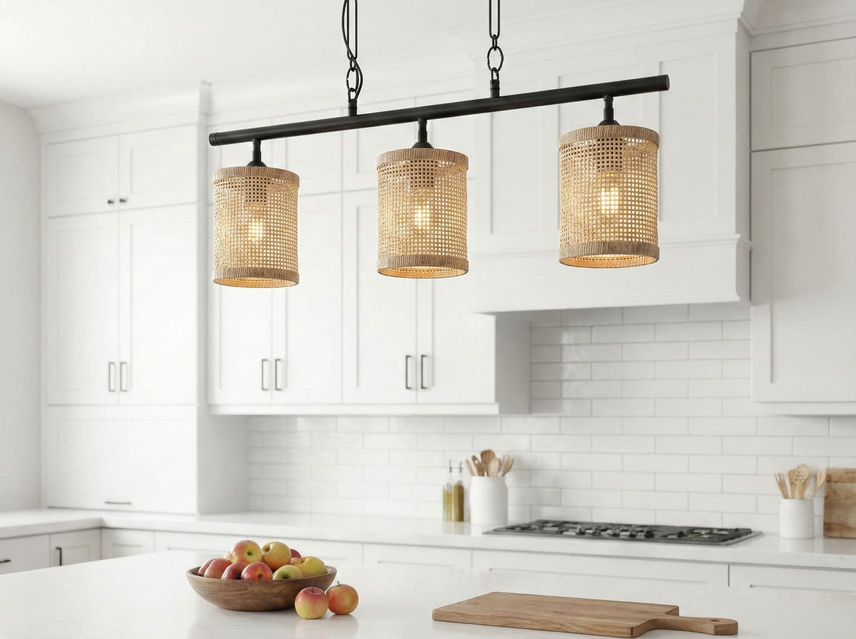 Black Metal Rattan Farmhouse Ceiling Lamp for Dining Room