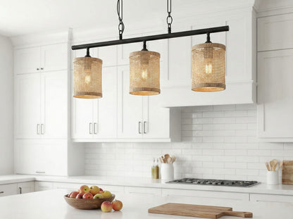 Black Metal Rattan Farmhouse Ceiling Lamp for Dining Room