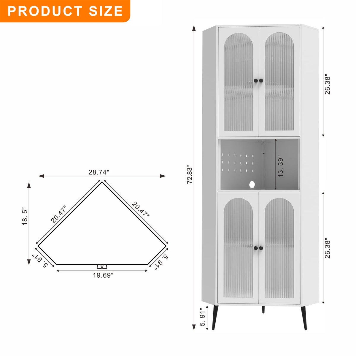 73" White Steel Corner Cabinet - Adjustable Shelves Storage for Living Room