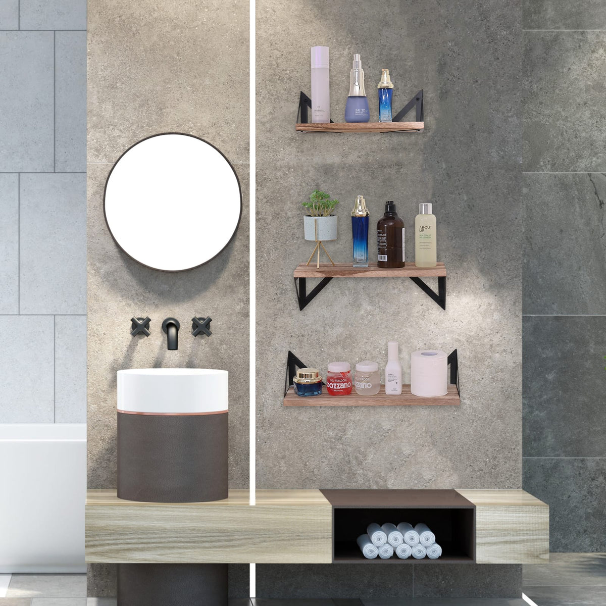 Floating Shelves Set of 3 - Natural Wood Display Shelves with Brackets for Living
