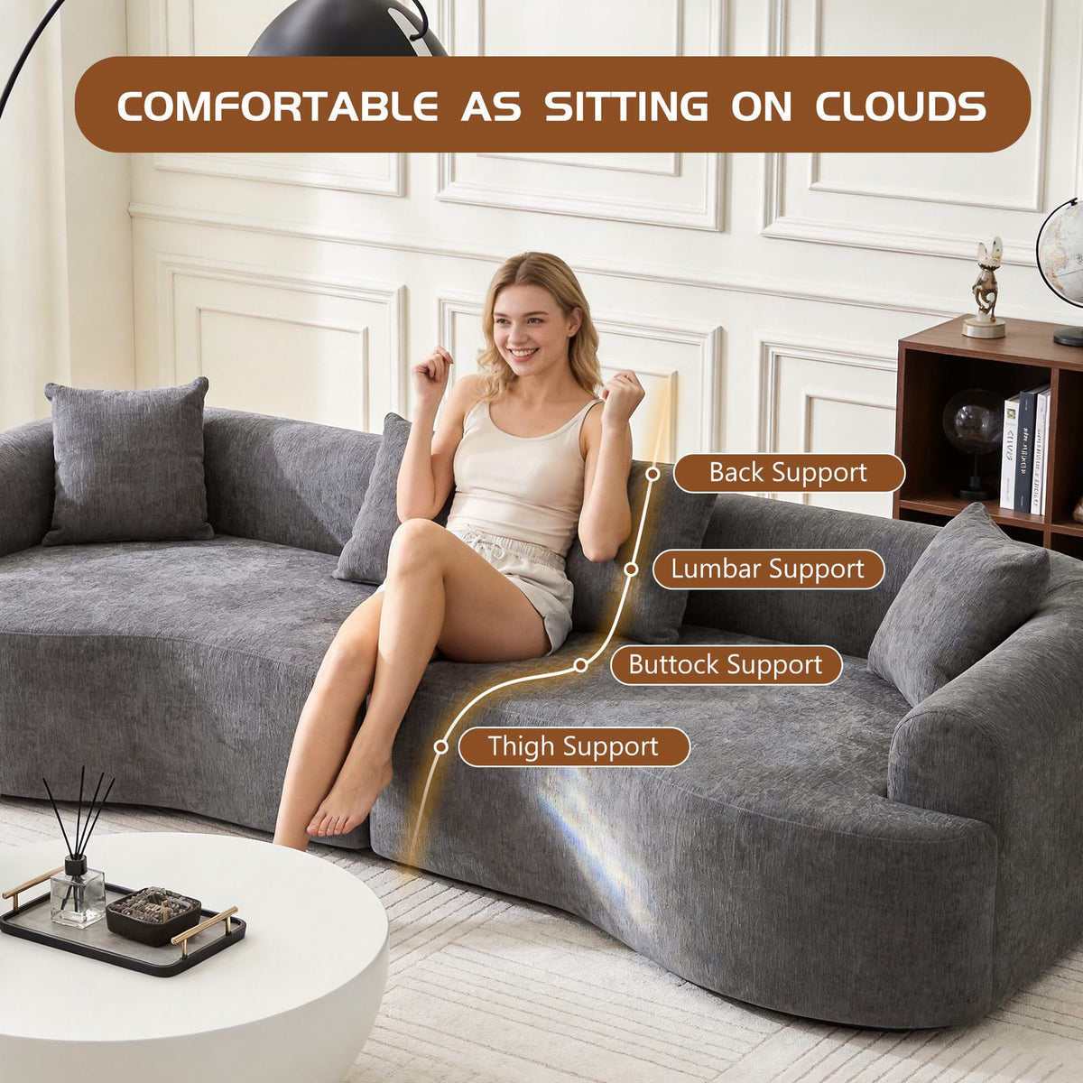 Grey Curved Modular Sofa Sleeper for Living Room Guests in Chenille
