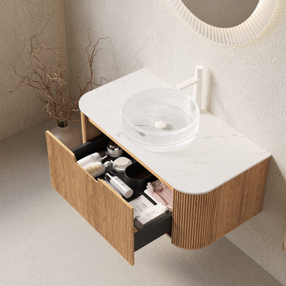 36 Inch Natural Wood Bathroom Vanity with Round Glass Basin