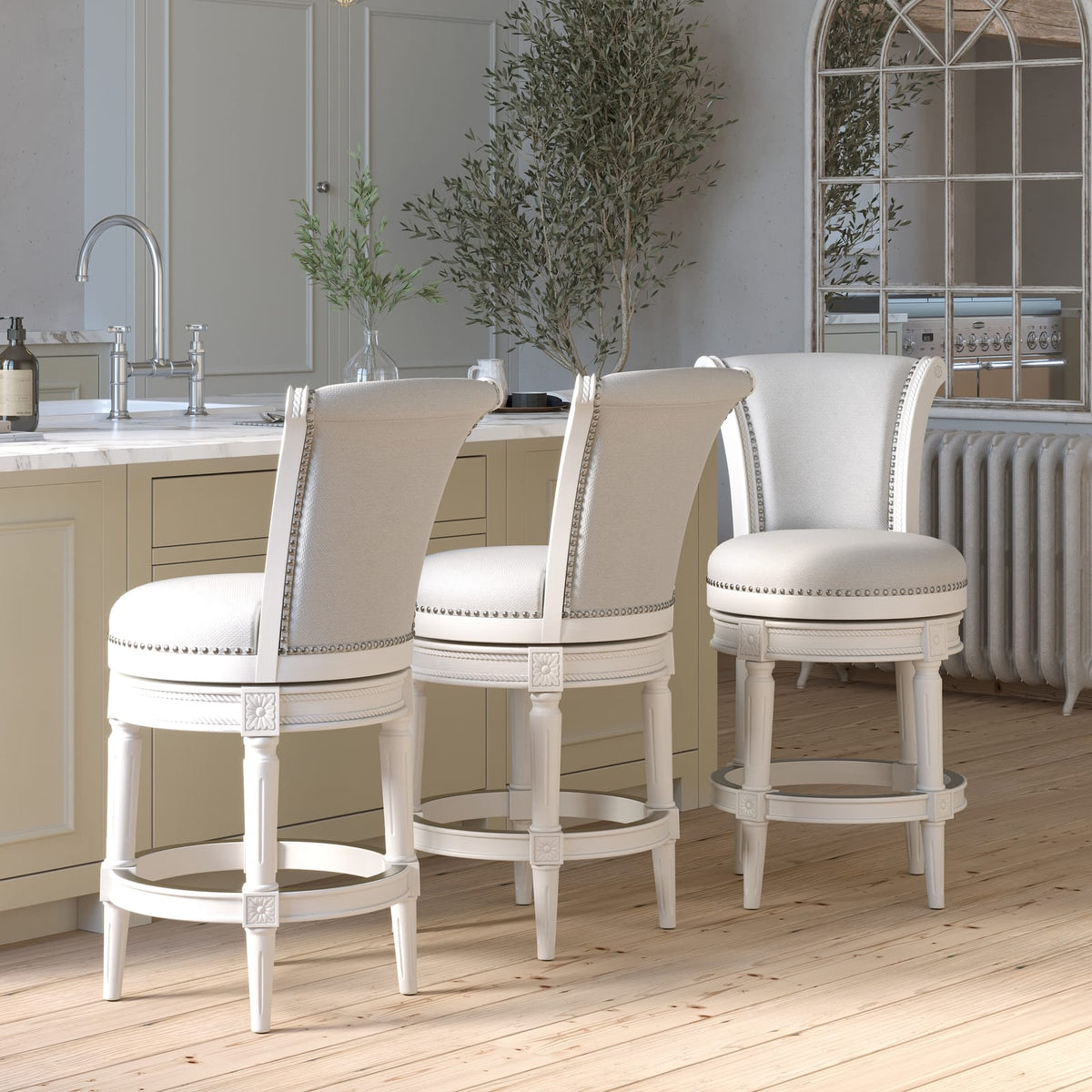 26" White Swivel Barstool - Wood & Fabric for Bedroom