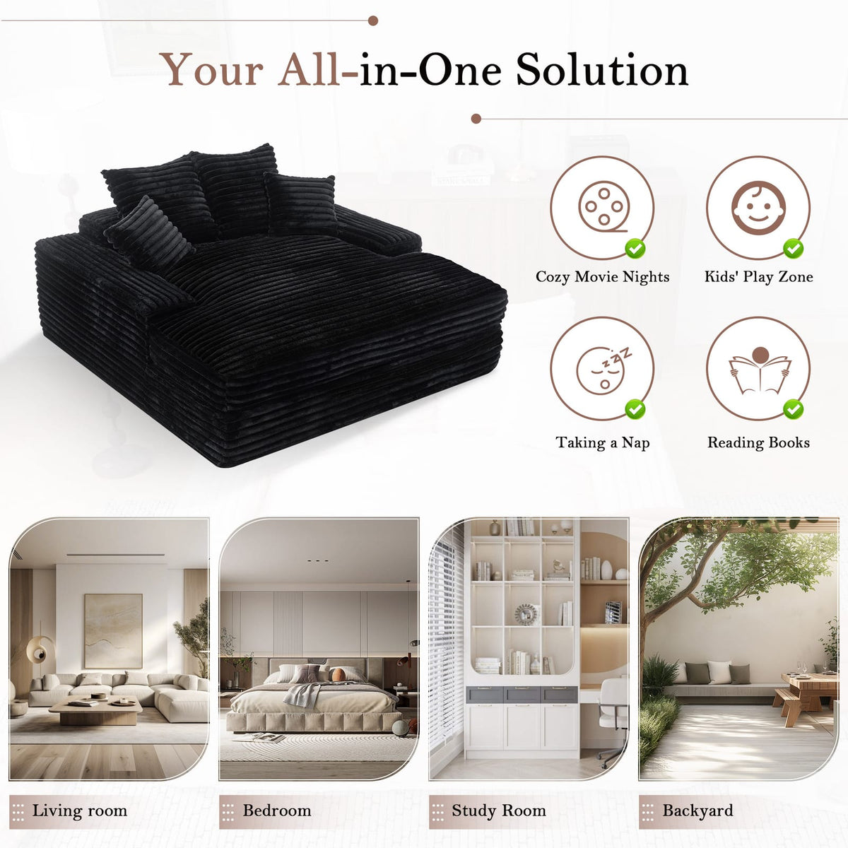 Queen Size Corduroy Sofa Bed - Black for Living Room