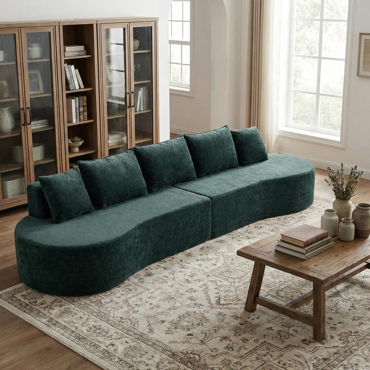 138.6" Dark Green Curved Sectional Sofa - Fully Assembled, 2-Piece Set