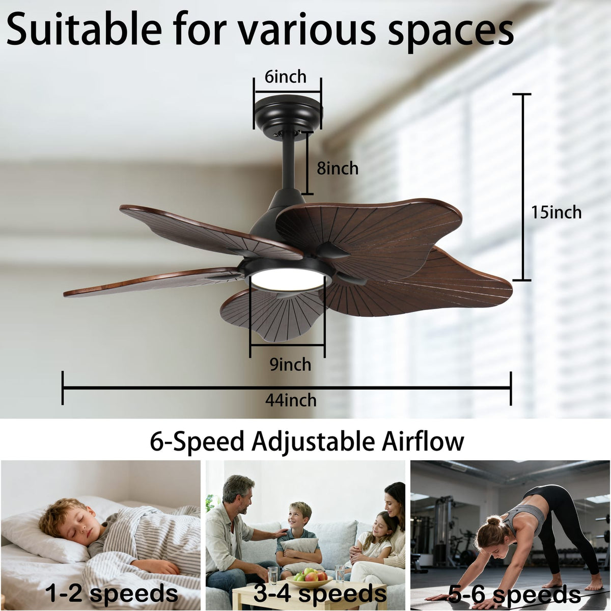 44 Inch Solid Wood Ceiling Fan - Acacia Wood Blades, DC Motor, Remote Control