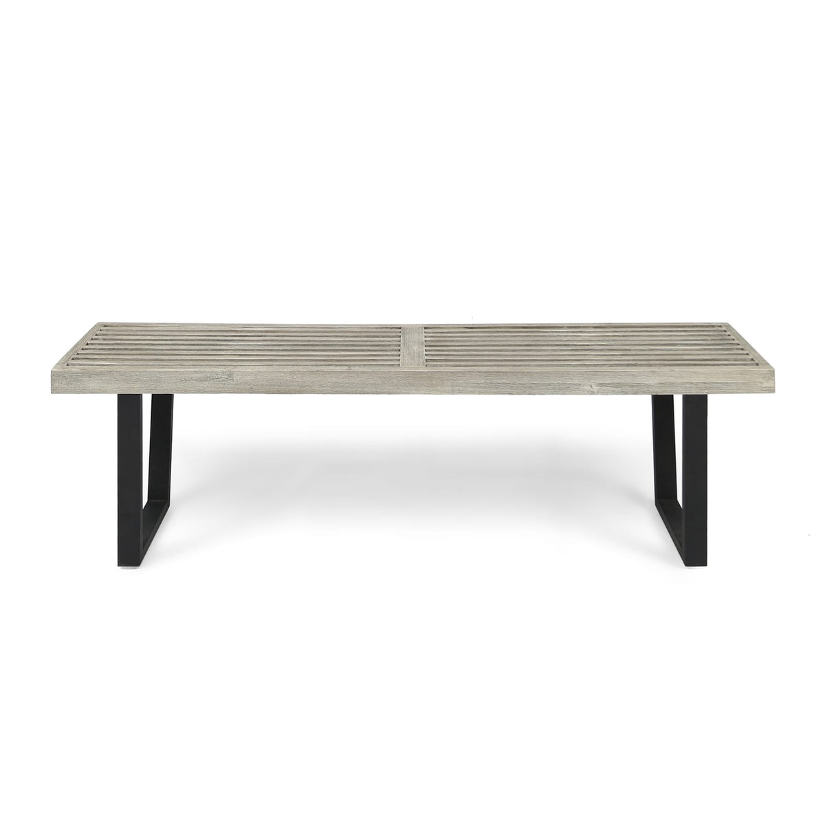 Metal/Solid Wood Outdoor Bench - Acacia Wood, Black & Gray