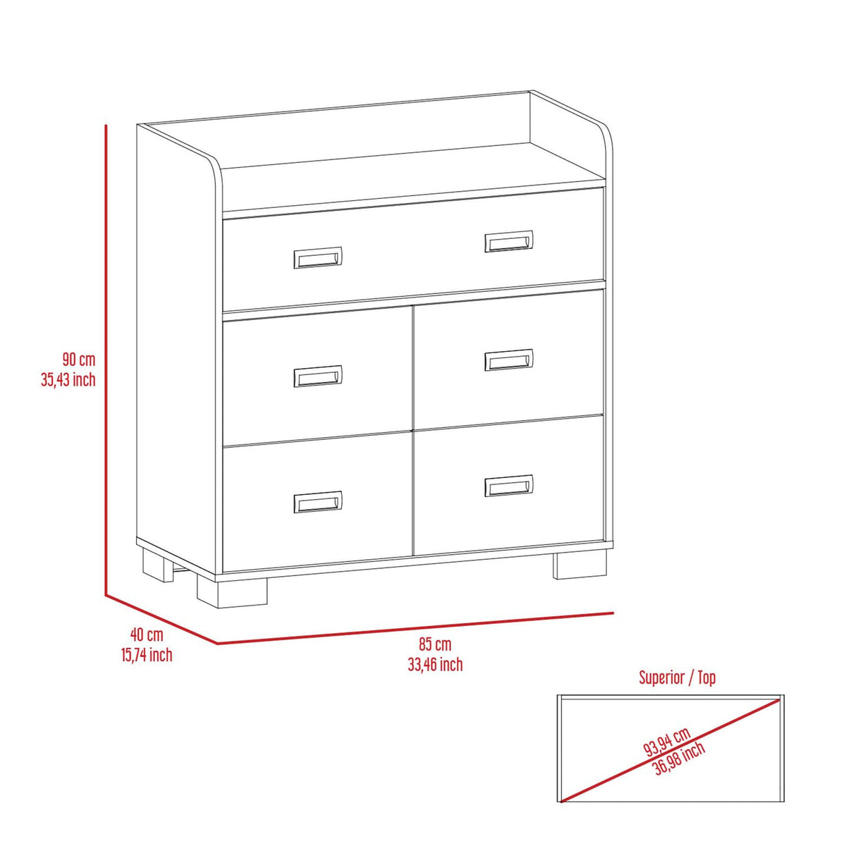 33.46" White Bedroom Dresser - 5 Drawer Storage