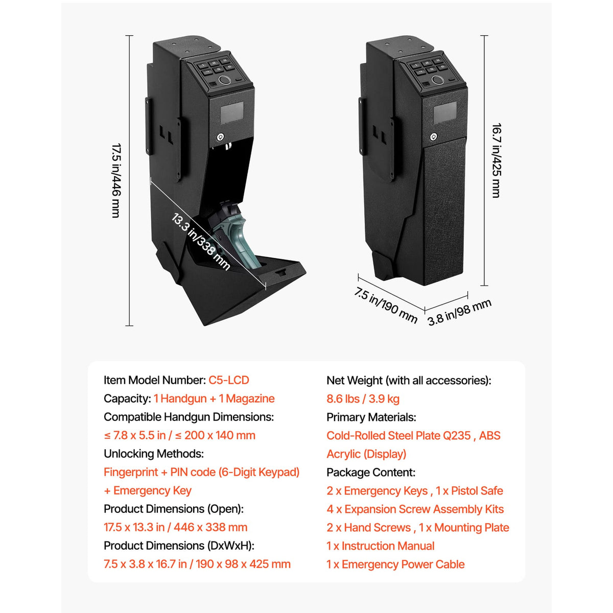 Gun Safe Slider, Black - Pistol & Magazine Storage